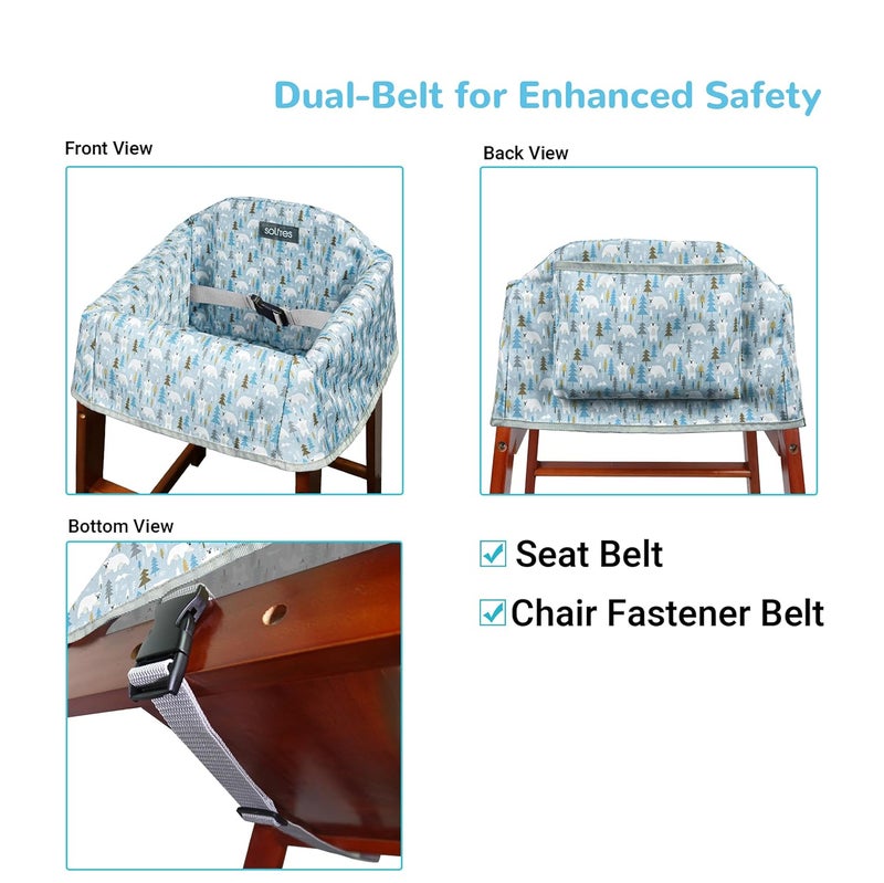Solfres Dual-Belt Baby High Chair Cover, Upgrade Version, for Wooden or Restaurant High Chair, Sturdy and Robust Material, Waterproof Washable Stain and Slip Resistant, Blue Polar Bear - Image 2